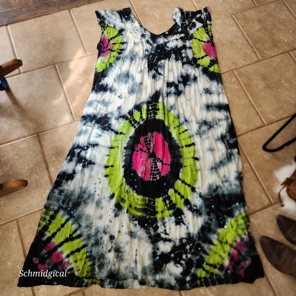 True Rock Tie Dye Boho Beach Cover Up Dress Sequin Embroidered Free Size Black